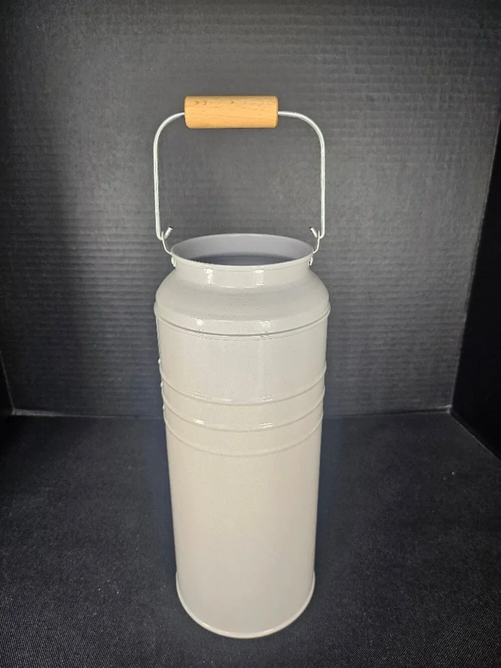 Vintage Pair Of Light Gray Ikea Socker Metal Milk Can Vases With Wooden Handles